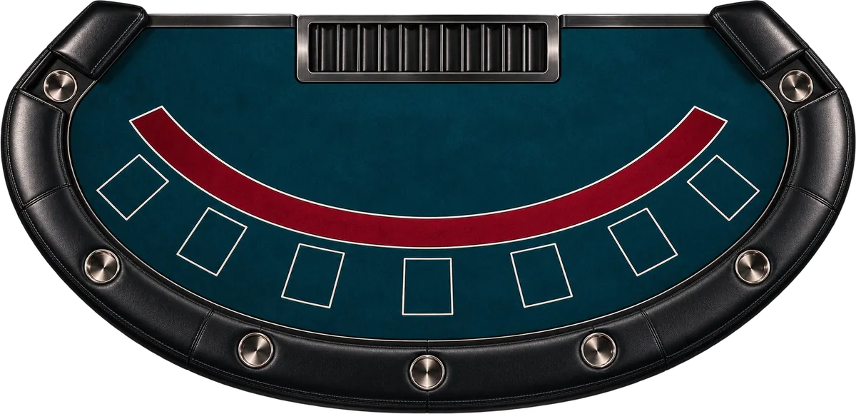 A blackjack table, a roulette wheel, slot reels, cards and dice, arranged together.