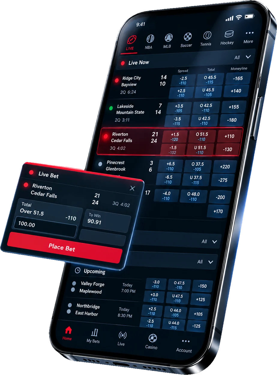 The betting app on a phone, with a live bet slip open over the in-play markets.