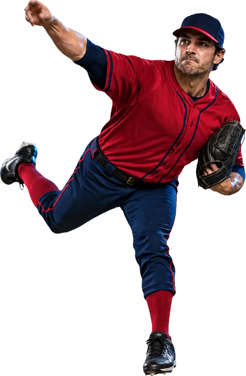 A baseball pitcher at the instant of release.