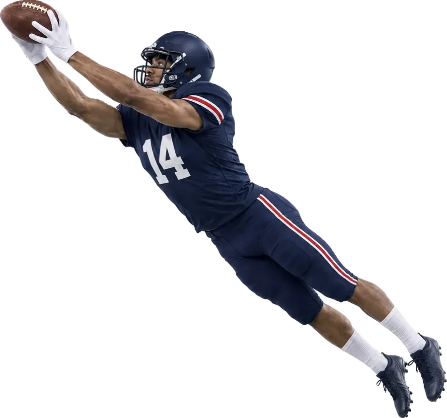 A receiver taking a pass in the air with a defender chasing